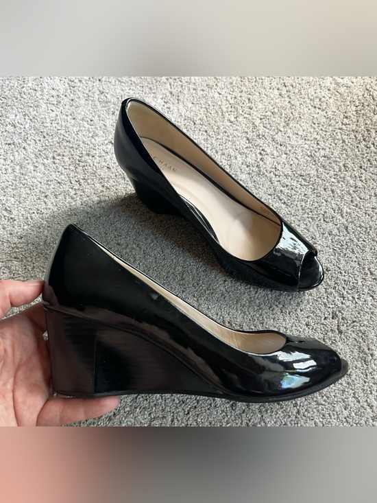 Cole Haan Shoes - Cole Haan Women’s 7.5 Sadie Pump Black Patent Wedge Heel Peep Toe Dress Shoes